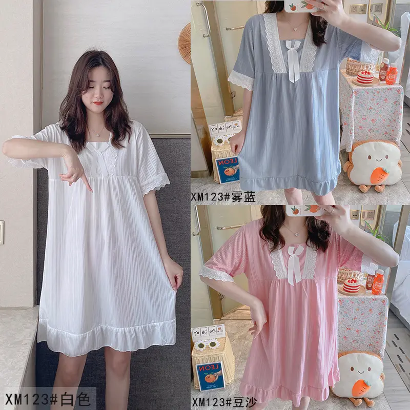 Váy Ngủ Ngắn Tay Mùa Hè, Phong Cách Công Chúa, Dành Cho Nữ, Dáng Rộng Vừa Vặn, Kẻ Sọc Chìm, Làm Bằng Lụa Sữa, Thiết Kế Ren Ngọt Ngào Thích Hợp Cho Đồ Mặc Nhà Của Các Cô Gái, Có Thể Mặc Ngoài Trời Dress Women Đầm Ngủ