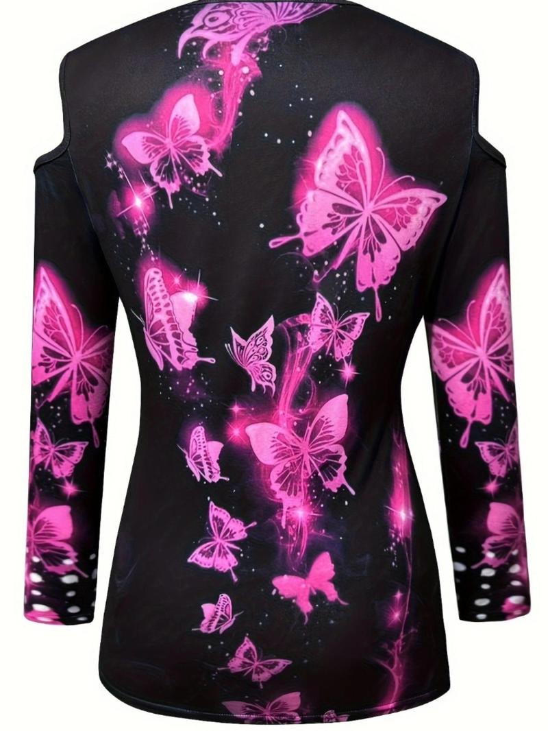 Product Introduction of Women's Butterfly Print Cold Shoulder Tee, Casual Long Sleeve T-shirt for Spring, Women's Top for Daily Wear 2