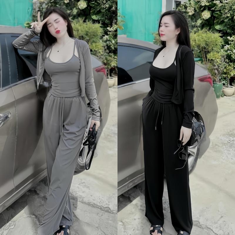  Set đồ nữ áo 2 dây kèm khoác tăm lạnh mix quần ống suông xinh xắn dành cho nàng đi chơi. Women Top 