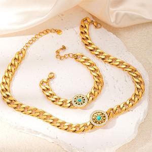 Kalung dan Gelang Keluli Tahan Karat, Kompas Cakera Berlian, Gaya Elegan Retro, Fesyen Eropah dan Amerika, Gelang Bersalut Emas, Sesuai untuk Sut Jewelry lustful  jewelry kalung  kepala  suku high  neck  choker  set