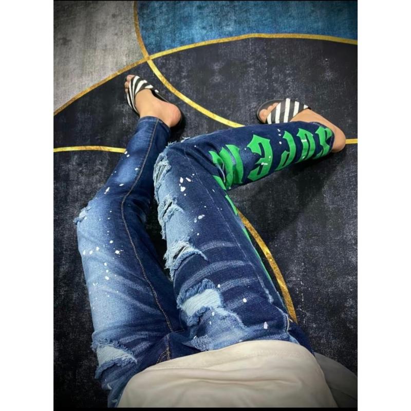  Quần bò nam DQ chữ xanh sọc ống sau bản 4 cúc hott trenn vải dày dặn co dãn mẫu mới cao cấp-NGỌC DUYÊN STORE Pants Menswear Jean Ong 