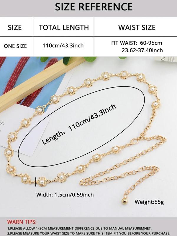 Women's Elegant Faux Pearl Decor Flower Design Chain Belt,  Trendy Cute Chain Belt, Chic All-match Stylish Clothes Accessories for Party Decor 1