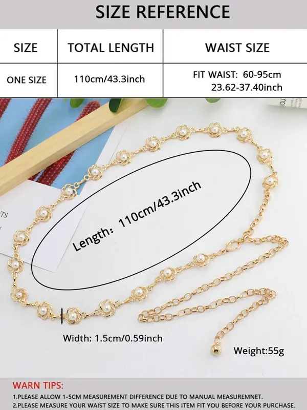 Women's Elegant Faux Pearl Decor Flower Design Chain Belt,  Trendy Cute Chain Belt, Chic All-match Stylish Clothes Accessories for Party Decor 1