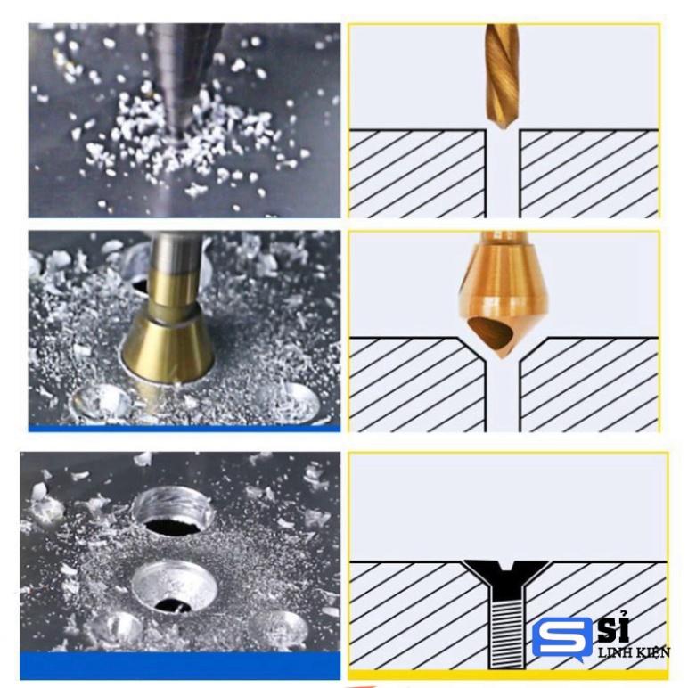 BỘ 4 MŨI DOA LỖ kim khí DẠNG ĐẦU NÓN LỖ PHAY XIÊN 2-20MM PHỦ TITANIUM 3