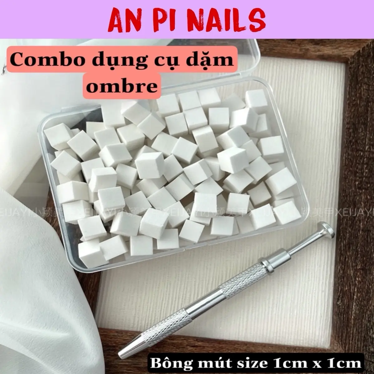 Dụng cụ gắp và hộp 100 bông mút size 1cm dặm ombre cực dễ An Pi Nails Làm Nail son damombre