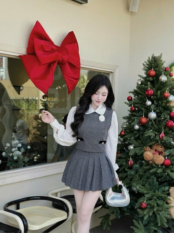 Set Váy Dài Tay Chất Dạ phẩy mix táy áo trắng liền QB11 - Women Nữ