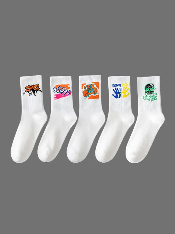 Unisex's 5 Pairs Random Print Crew Socks, National Day Offers, Casual Moisture Wicking Socks, Soft Comfy Breathable Socks for All Seasons Daily Wear, Socks for Women 5