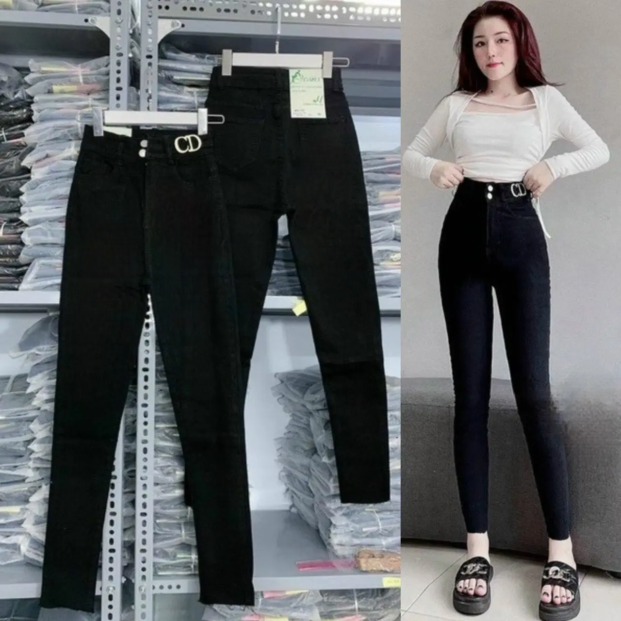 [BIG SIZE 35-95kg] - Quần skinny cạp cao 2 khuy Đính Mặt GC, chất bò giấy dày dặn, co giãn