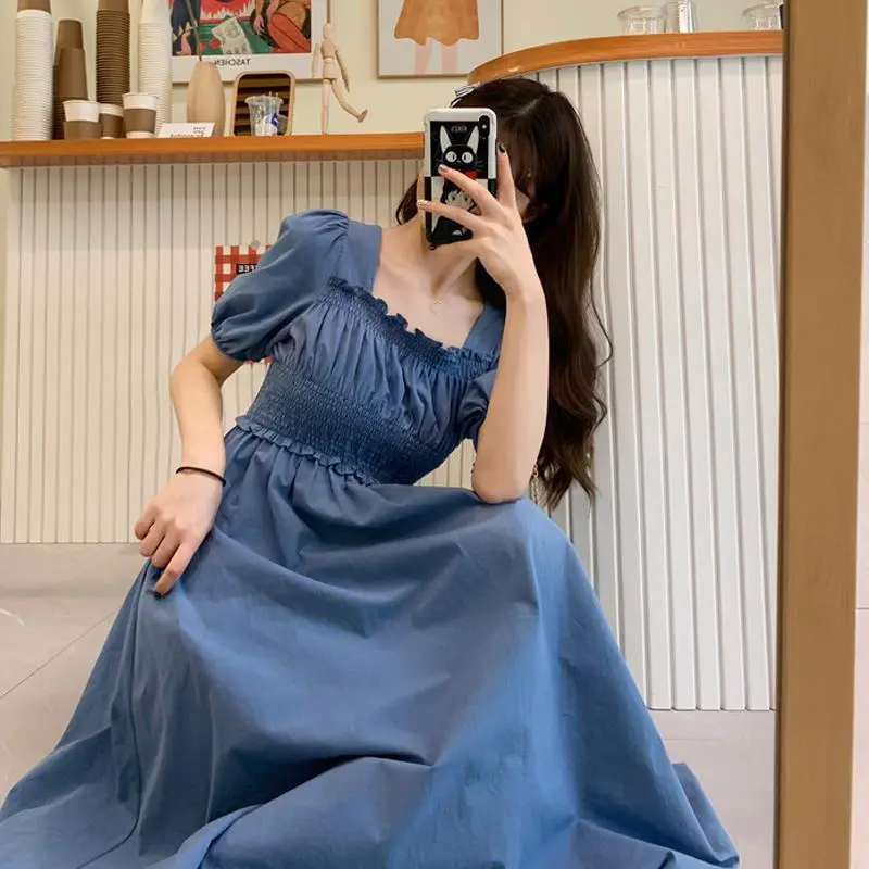 Retro Square Collar Puff Sleeve Dress 2024 New Summer Thin Long Dress Elegant Dress for Women