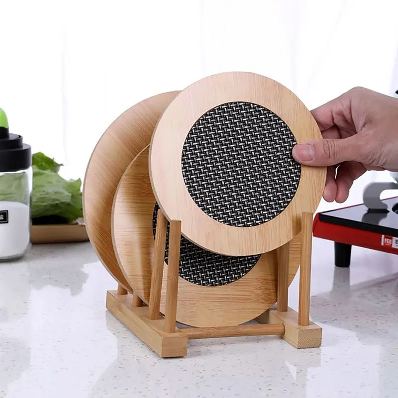 Tấm lót nhiệt bằng gỗ, thiết kế sáng tạo, với thảm chống trượt, hình tròn và hình vuông, tấm cách nhiệt, không thấm nước, đế lót ly, cho đồ dùng nhà bếp trong nhà bếp 0