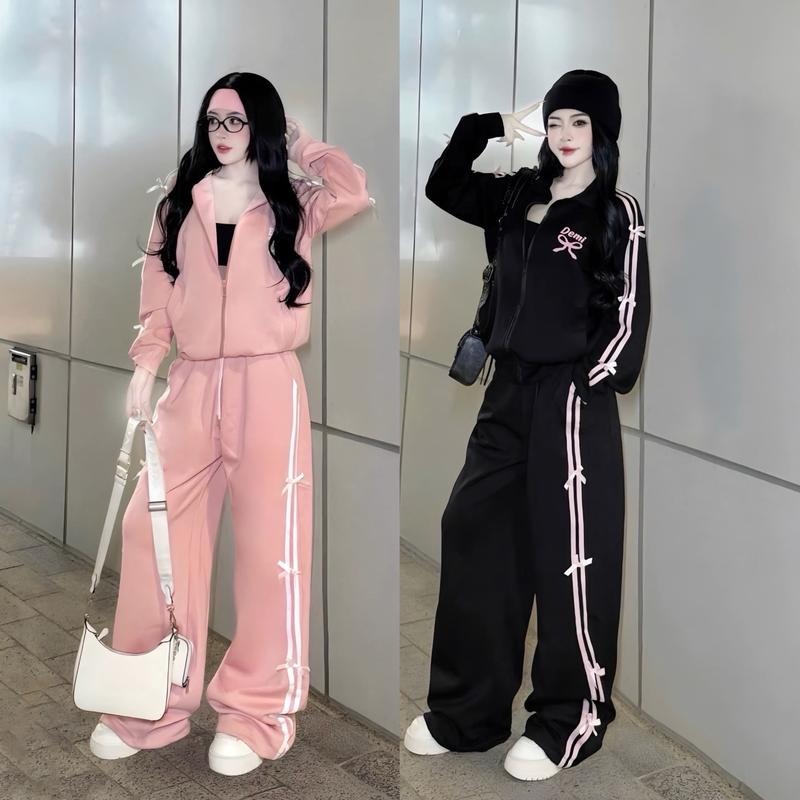 Bộ Đồ Nữ Áo Khoác Khoá Kéo Đính Nơ Trước Mix Quần Dài Ống Xuông Rộng Đính Nơ Chất Nỉ 2 Da - Hoàng Linh Clothing SB 139