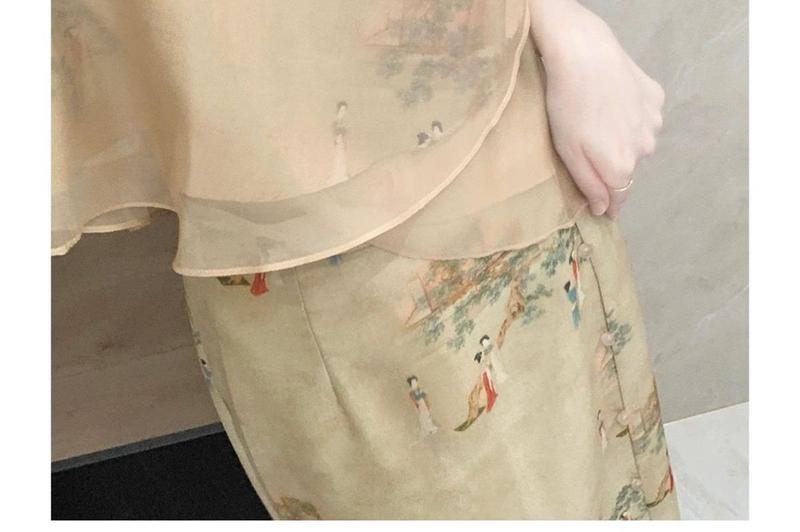 Product Introduction of Váy Sườn Xám Cải Tiến Cho Nữ, Bộ Hai Mảnh, Phong Cách Trung Quốc, Chắp Vá Mới, Áo Sơ Mi Gauzy, Váy, Mùa Hè 9