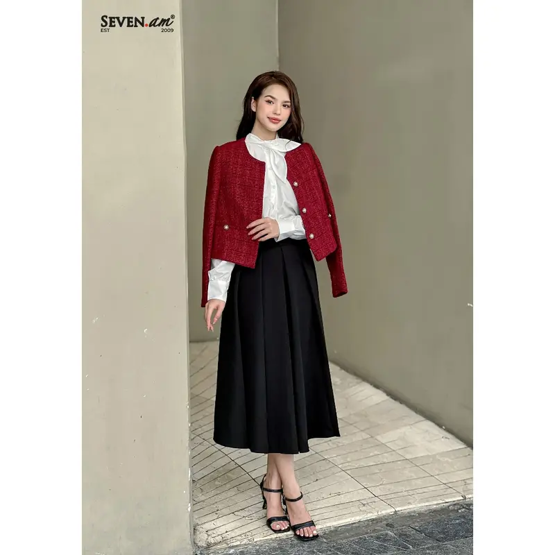 Áo khoác dài tay đỏ đậm cổ tròn thời trang nữ Seven.AM OA0100I 2
