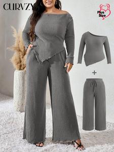 CURVZY Plus Size Two-piece Set Plain Lettuce Trim Asymmetrical Neck Tee & Baggy Pocket Wide Leg Pants, Casual Asymmetrical Hem Long Sleeve T-shirt & Tie Front Trousers for Daily Wear, Women's Outfits for Spring & Autumn
