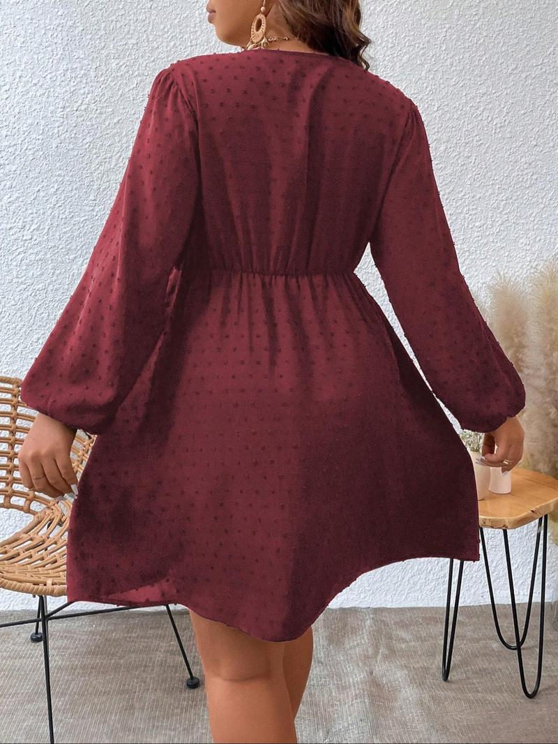 Product Introduction of 【Plus Size】 Plain Swiss Dot Wrap V Neck Bishop Sleeve A Line Dress, Plus Elegant Long Sleeve Short Dress for Spring & Fall, Women's Clothes for Daily Wear, Holiday Dresses 11