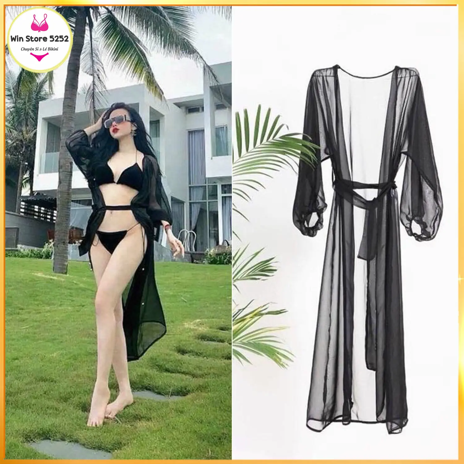 Áo choàng đi biển# Áo khoác ngoài bikini kimono voan cao cấp AC-027