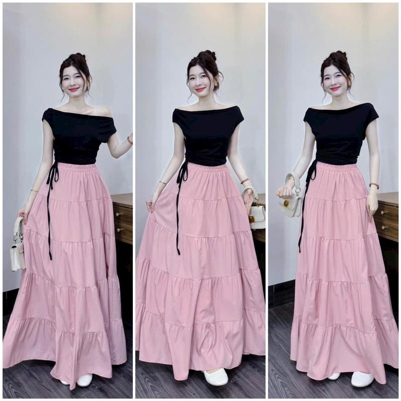 SÉT ÁO THUN GÂN TĂM BẸT VAI DÂY RÚT KÈM CHÂN VÁY XOÈ DÀI set váy váy tiệc đầm trắng vaytet set thường Nữ Women đầm ống hoa nhí set đồ đồ bộ Top