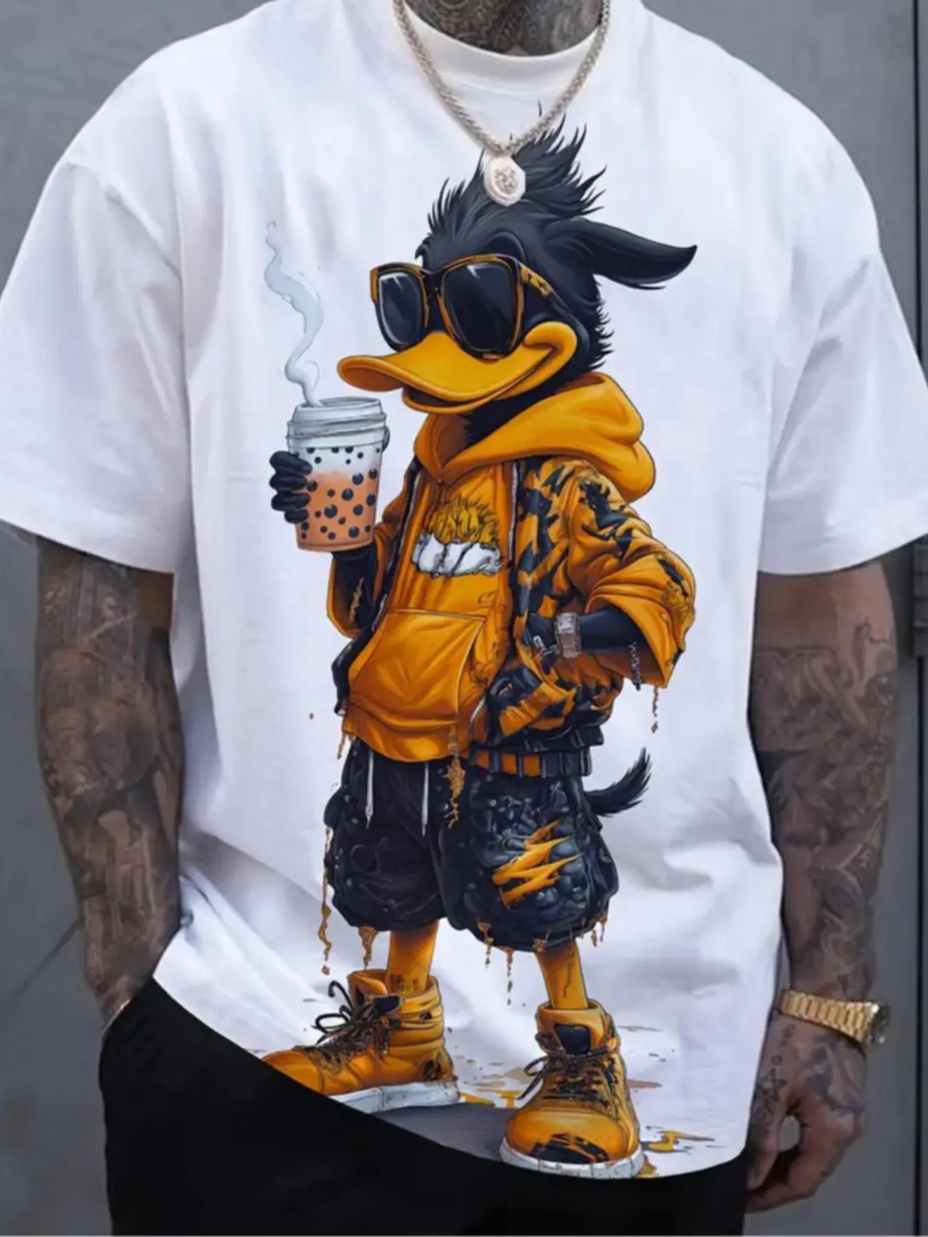 Men's Regular Fit Cartoon Goose Print Round Neck Tee, Fashion Casual Short Sleeve T-shirt for Daily Wear, Men Summer Clothes, Top
