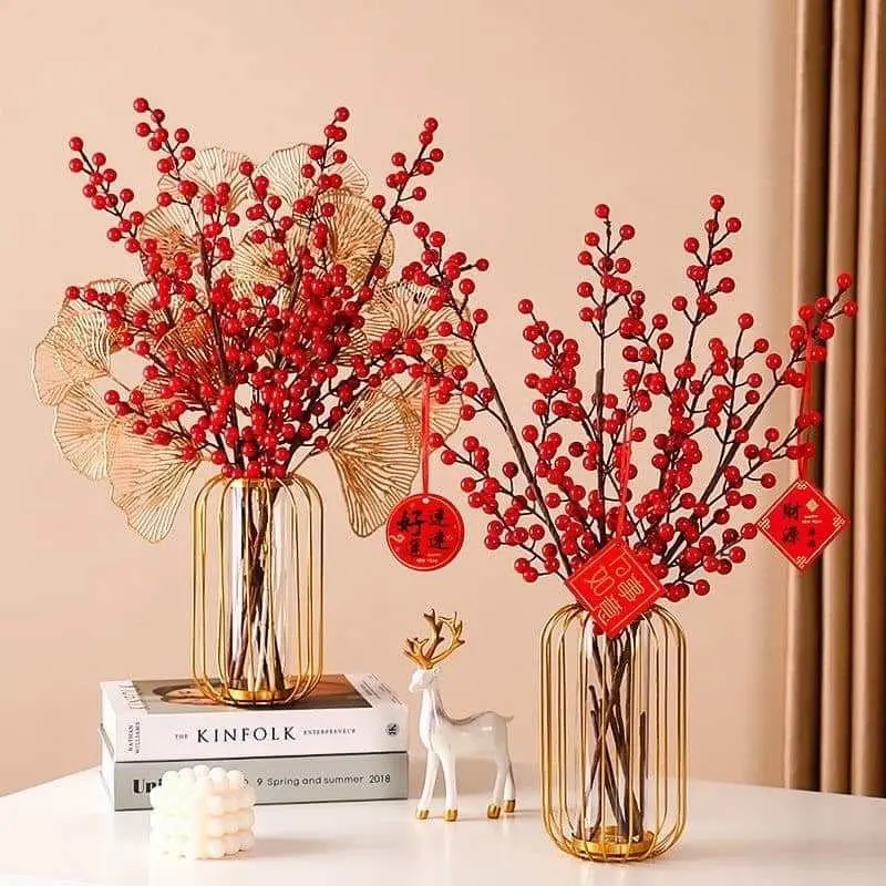 [Tặng bình] Cành đào đông đỏ 12 nhánh 90cm Decor phòng, Trang trí  + bình nhựa giả gốm kích thước 23 x 10cm - Trang Trí Nhà, Phòng Khách Len 3