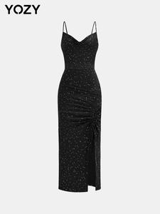 YOZY Women's All Over Print Ruched Split Thigh Cami Dress, Elegant Sleeveless Spaghetti Strap Evening Party Gown, Ladies Clothes for All Seasons