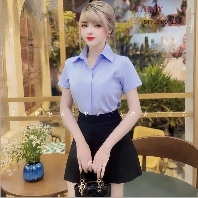 Áo sơ mi nữ trơn tay ngắn không nhăn nẹp đôi giấu nút form rộng - áo sơ mi nữ công sở chất lụa kate trẻ trung, năng động. 4