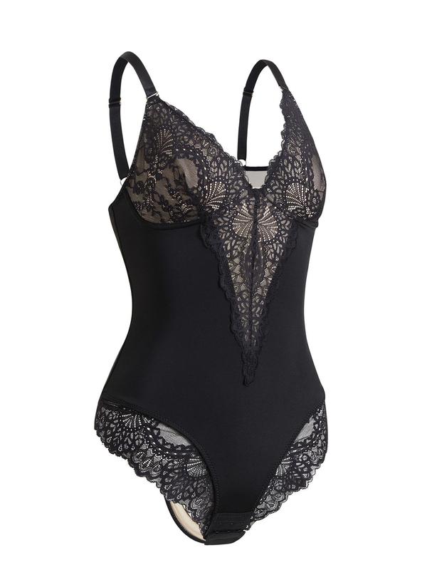 Women's Plain Lace Sheer Shapewear Bodysuit, Casual Elegant Adjustable Strap Deep V Neck Backless Bodysuit, Ladies Shapewear for Daily Wear 2