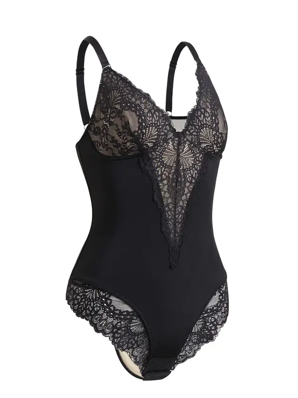 Women's Plain Lace Sheer Shapewear Bodysuit, Casual Elegant Adjustable Strap Deep V Neck Backless Bodysuit, Ladies Shapewear for Daily Wear 2