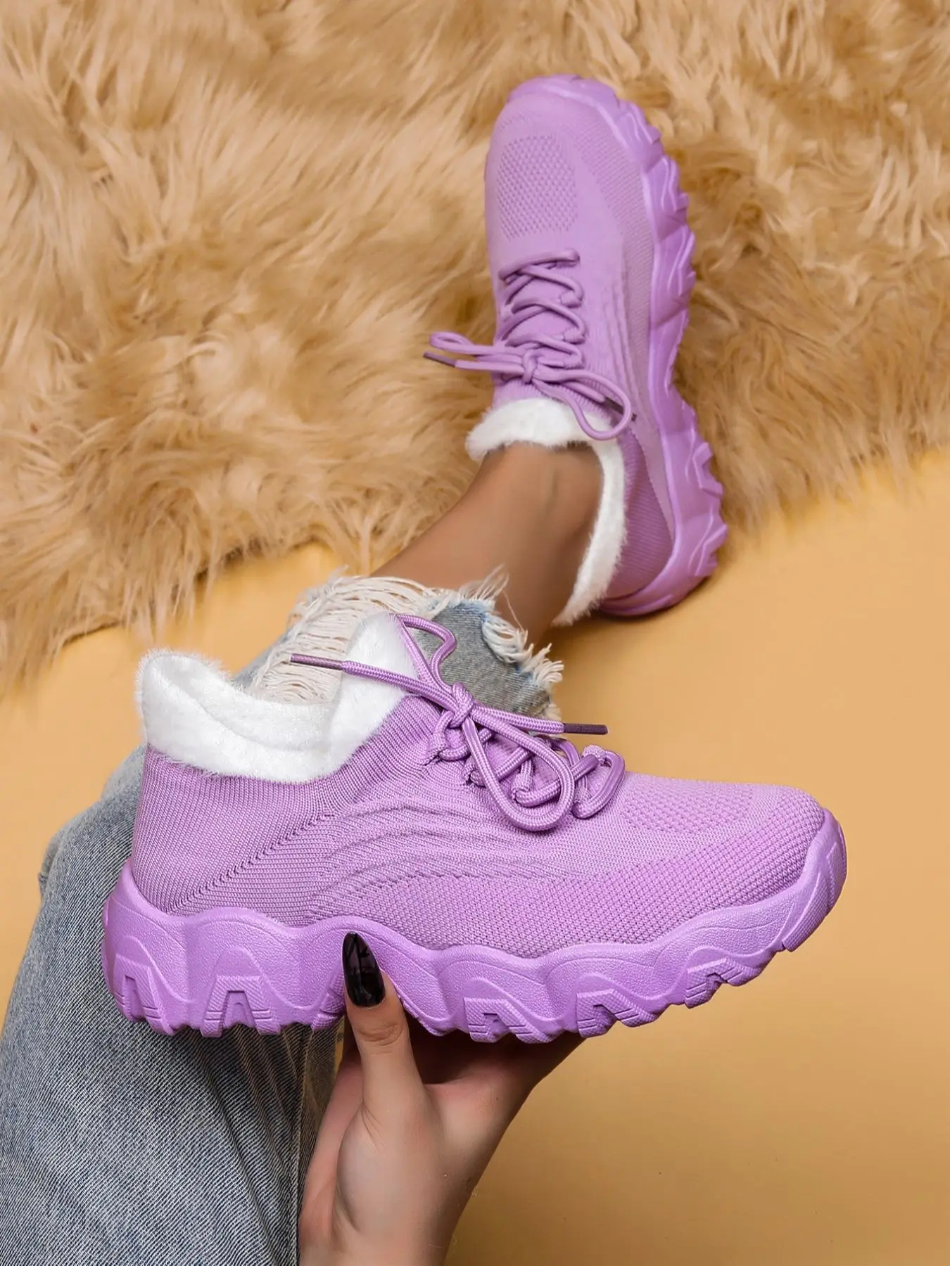 Women's Fashionable Lace Up Platform Sneakers, Casual Sporty Contrast Mesh Fleece Running Shoes, Female All-match Round Toe Shoes for Daily Wear