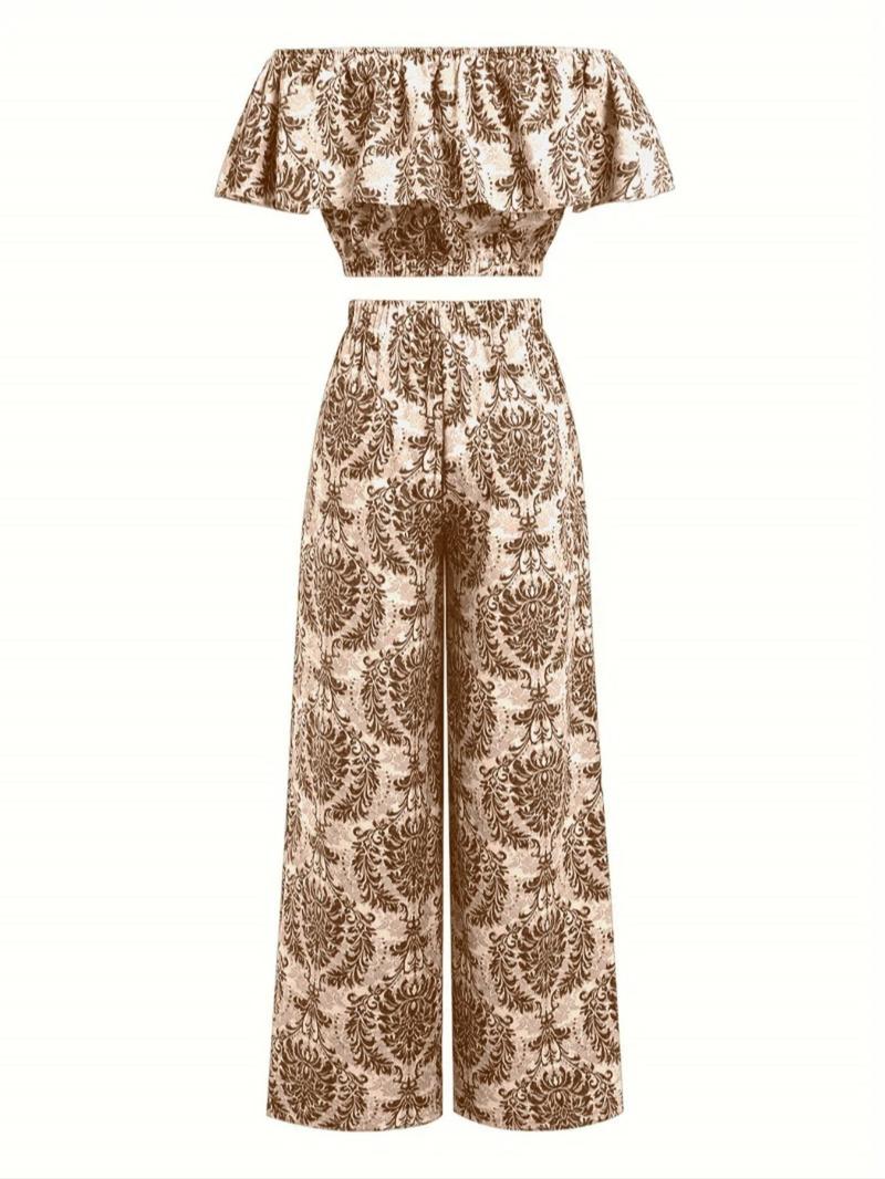 Product Introduction of Women's All Over Print Off Shoulder Top & Wide Leg Pants Set, Casual Fashion Two-piece Set for Summer, Women's Clothing for Daily Wear 7