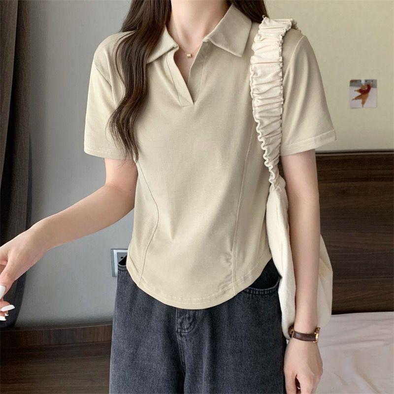 Product Introduction of Summer New Korean Style Polo Collar Solid Color Short-Sleeved Top for Women Slim Casual All-Match T-shirt Women 18