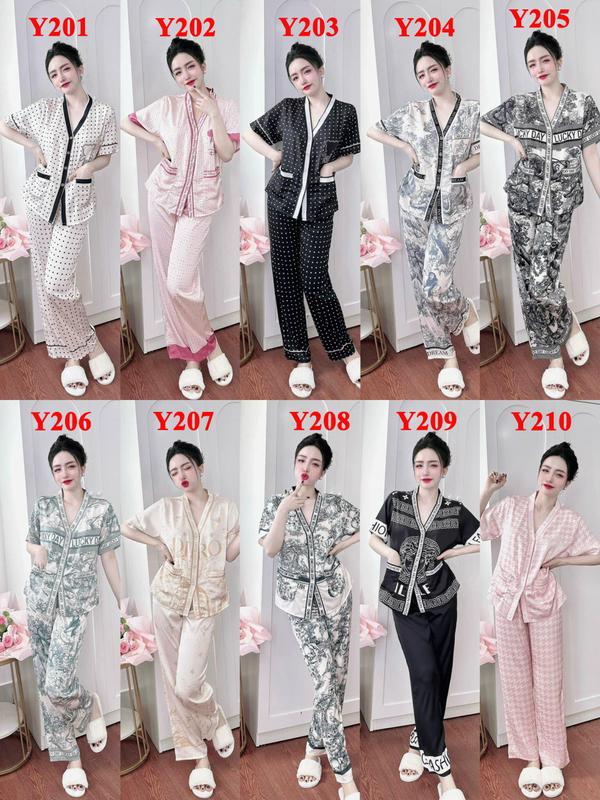 Bộ quần áo pijama lụa quần dài áo cộc tay cổ Y mới mềm mát