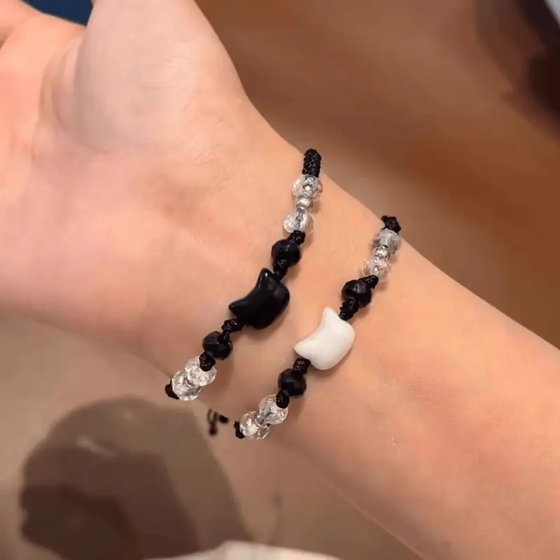 LULA ROSE Gelang Couple Kucing Hitam Putih | Tali Rajut Adjustable | Hadiah Pasangan Lucu 2