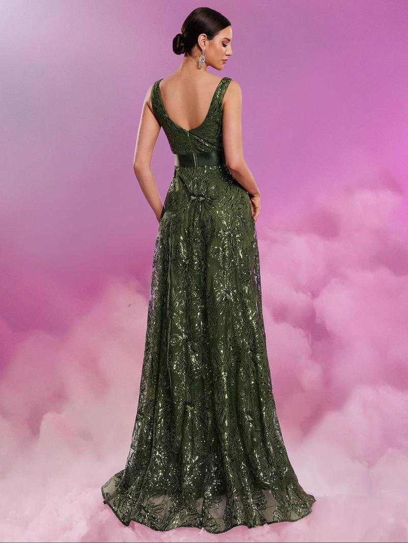 Product Introduction of Women's Floral Sequins Backless Sheer V Neck Evening Dress, Summer Clothes Women, Lady's Dresses Summer, Elegant Sleeveless Maxi A Line Gown for Party Wedding Bridesmaid, Ladies Summer Clothing 6