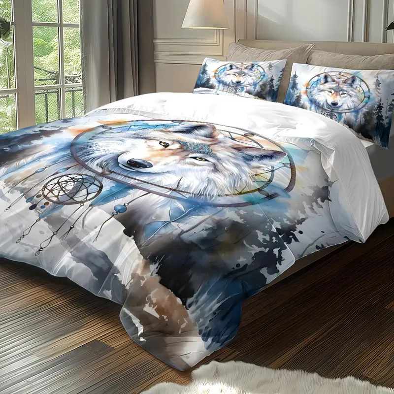 Wolf Pattern Duvet Cover Set, 3 Counts/set Including 1 Duvet Cover & 2 Pillowcases, Soft Lightweight Bedding Set for Home Bedroom 4