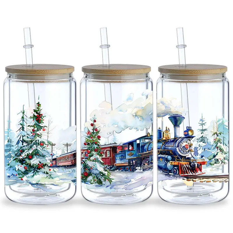Christmas Steam Train Pattern Glass Cup Sticker, 5 Counts/set Waterproof Punk Transfer Sticker, Decorative Sticker for 16oz Glass, Cups, Crafts 7