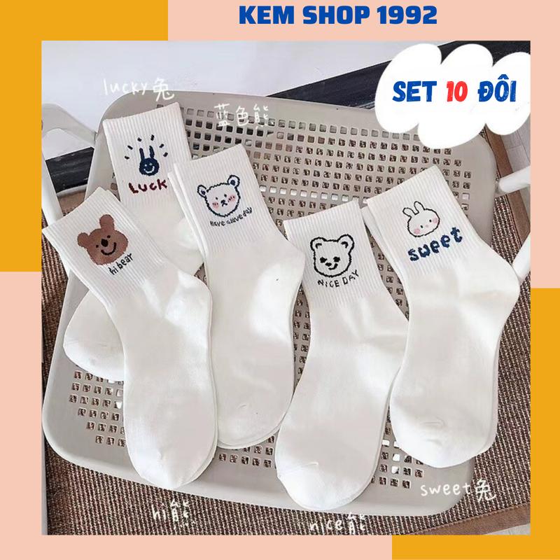 Set 10 đôi Tất vớ gấu trắng cổ cao phong cách Hàn Quốc cho nam nữ Menswear