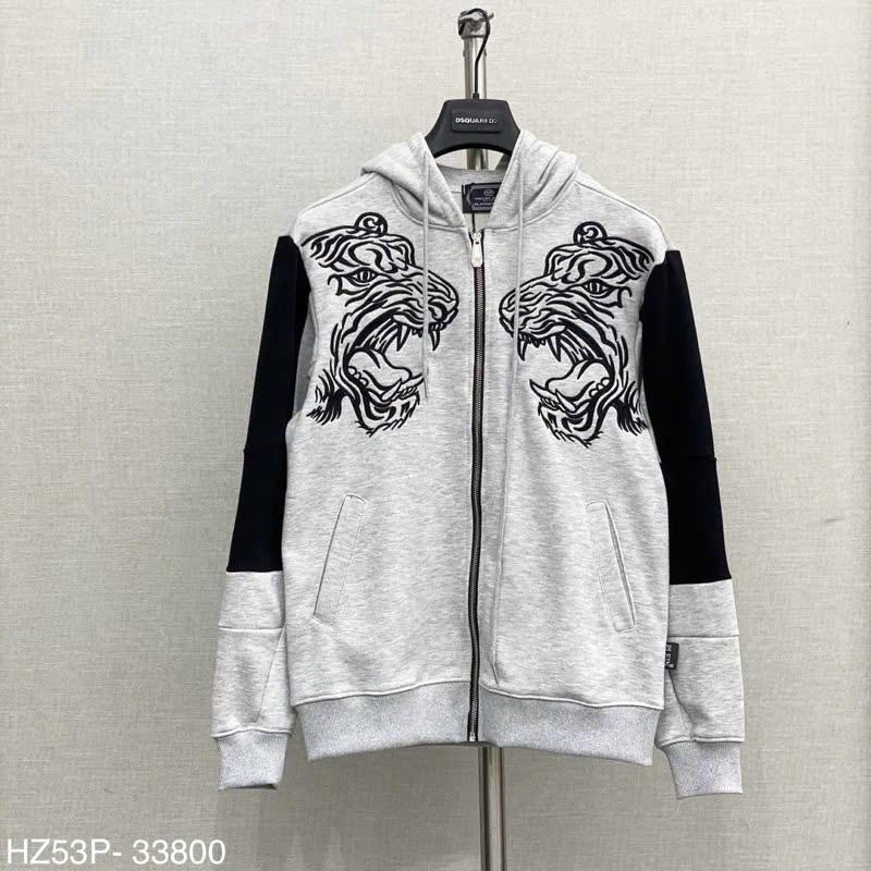  Áo khoác hoodie zip nam nữ Philipp Plein thân xám thêu hình hổ vằn phối tay đen in chữ lưng logo mũ cho các dân chơi 