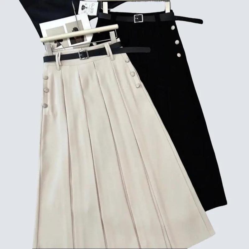 Chân váy dài đính khuy xếp ly TẶNG KÈM ĐAI xinh xắn -tet -xmas -women 0