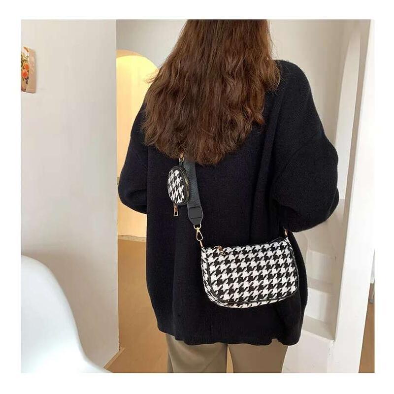 Product Introduction of Female Vintage Plaid Printing Shoulder with Mini Round Purse Pendant Women Casual Small Crossbody Bags 2pcs Composite 12