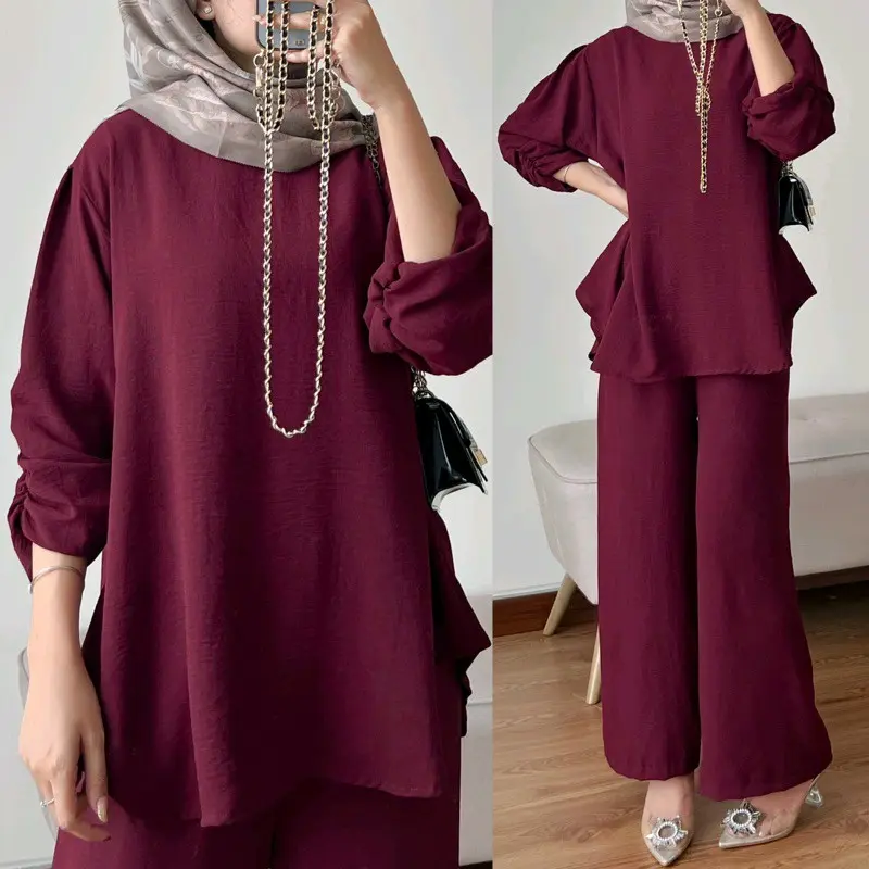 Raveena One Set Tangan Kerut | Setelan Baju Atasan Wanita Dewasa Muslim Karet Crinkle Airflow | Celana Kulot Panjang 5