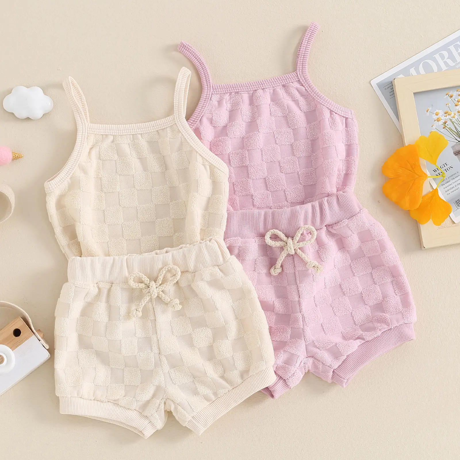 Little Girls Summer Shorts Sets Checkerboard Print Camisole Drawstring Shorts Sets