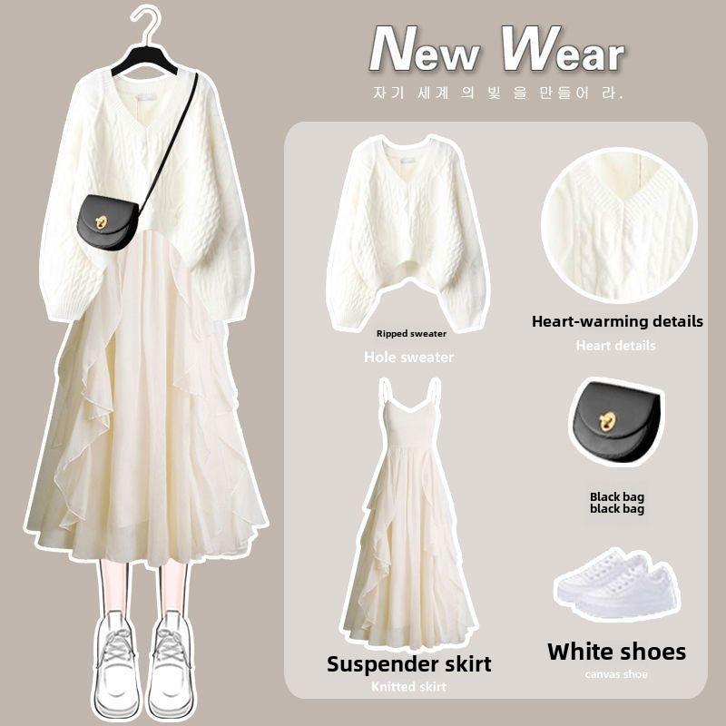 Product Introduction of Plus Size Wear a Whole Suit Women's Autumn and Winter New Knitwear Slimming Easy Matching Sling Dress Two-Piece Suit Clothing Womenswear Lingerie Comfort Longsleeve Basic Casual Minimalist 7