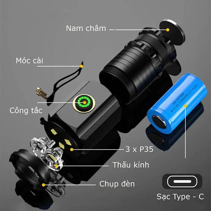 Đèn pin mini siêu nhỏ gọn, siêu sáng X-Balog 350X cường độ sáng 2000 lumen, cổng sạc Type C 3