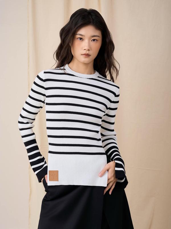 [METANOIA] Subtle Jumper - áo len kẻ ngang cổ tròn dáng ôm xẻ tà 2 bên sườn sweater xinh