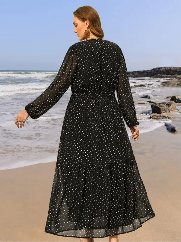 【Plus Size】 Floral Embroidery Tassel Ruffle Hem Dress, Boho All Over Print Notched Neck Long Sleeve A Line Dress, Dresses for Women, Holiday Dresses, Summer Outfits 2024, Ladies Dresses, Women's Clothes, Dresses for Women, Belleza Fits 1