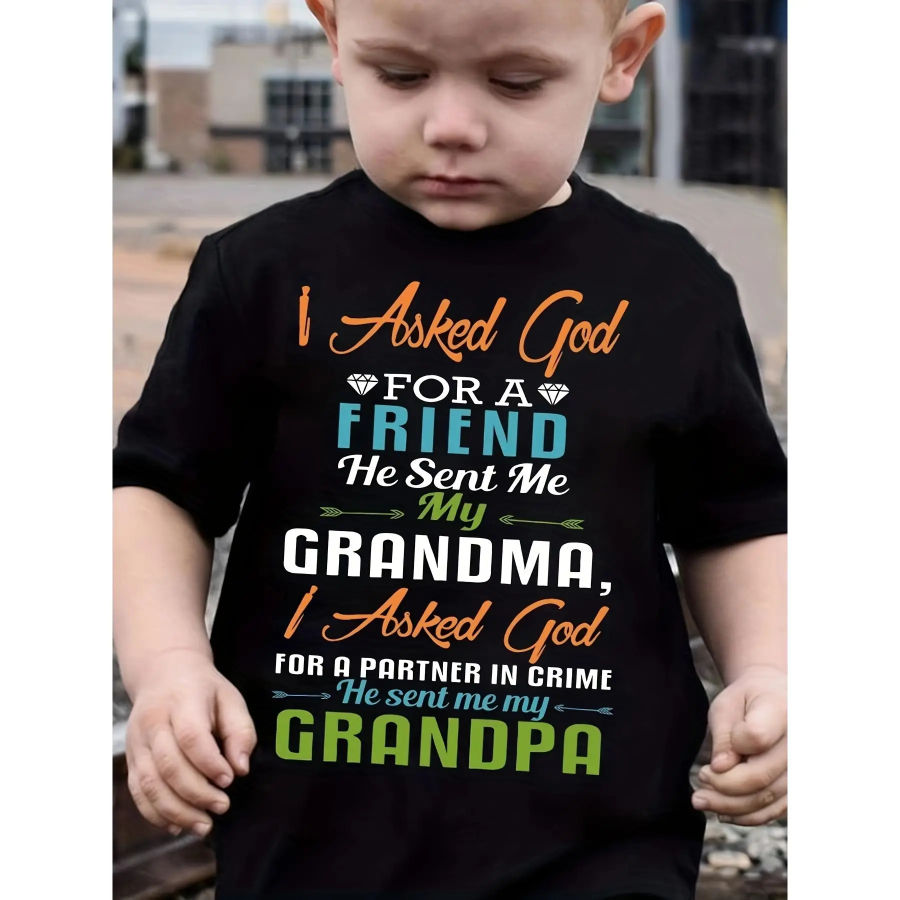 Casual T-Shirt For Boys, Short-Sleeved Creunneck Comfortable Summer Top Printed With Words 'I Asked God For Friend'