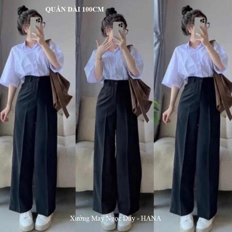 Quần ống rộng đi học lưng cao nữ cấp 2 3 sinh viên công sở dáng quần tây ống suông rộng dài 100cm 1 khuy khóa kéo túi bên đáy cao vải dày