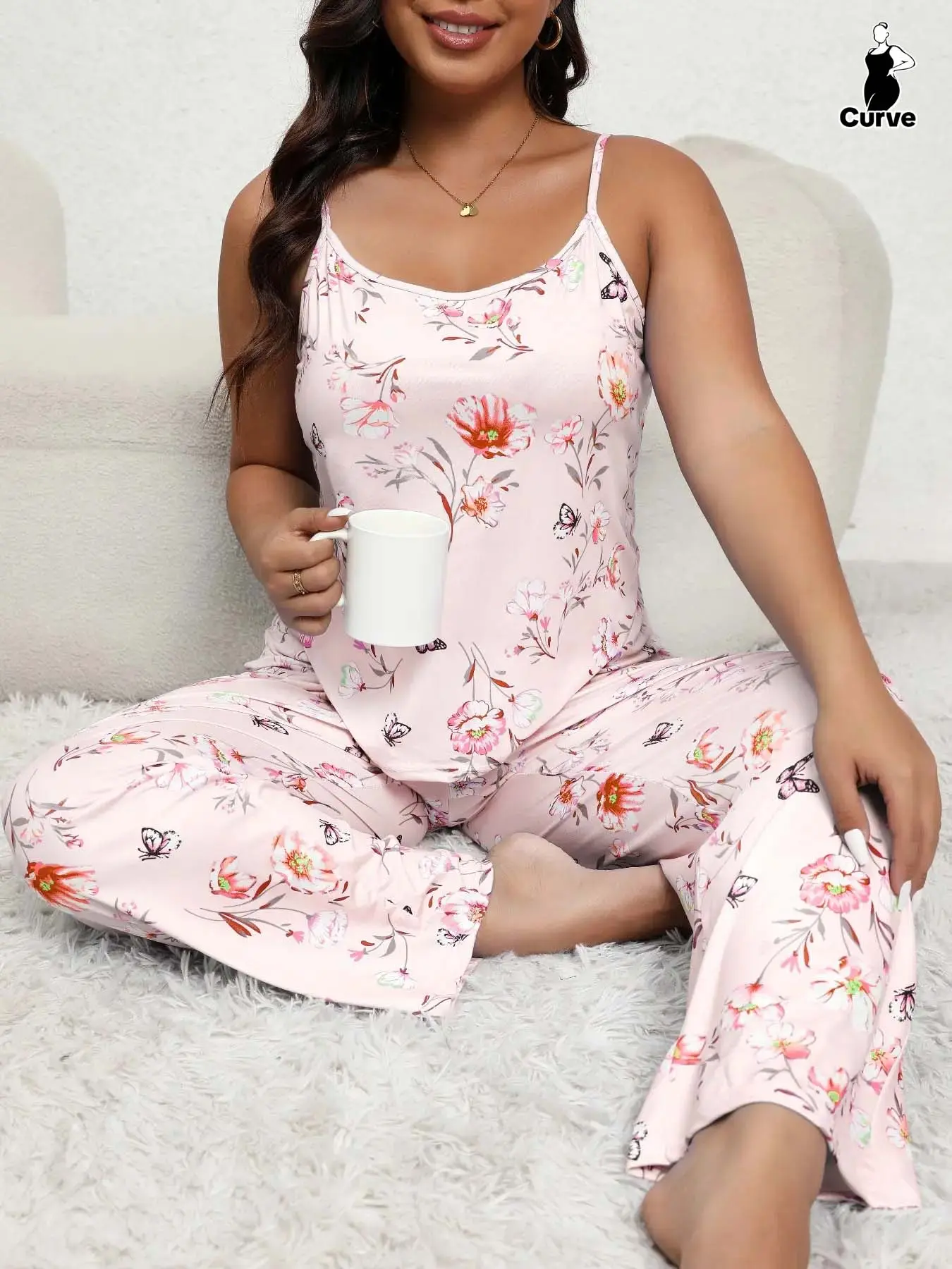 Plus Size Two-piece Set Floral & Butterfly Print Pajamas Set, Casual Cami Top & Elastic Waist Pants, Women's Plus Size Sleepwear for All Seasons