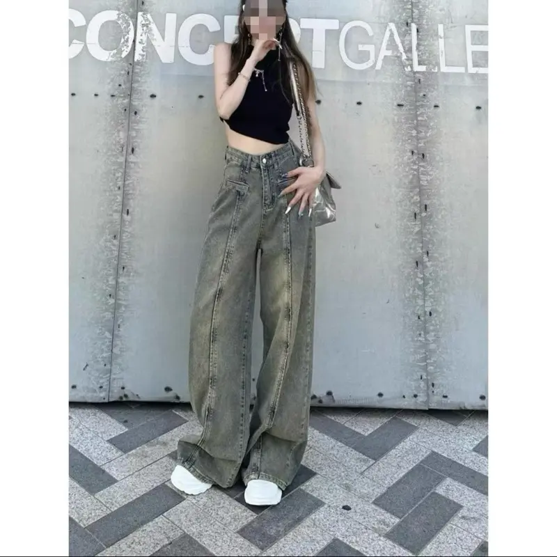 Quần jeans ống rộng, Quần bò xám bụi vàng phong cách hiện đại hot 2023 ND 06