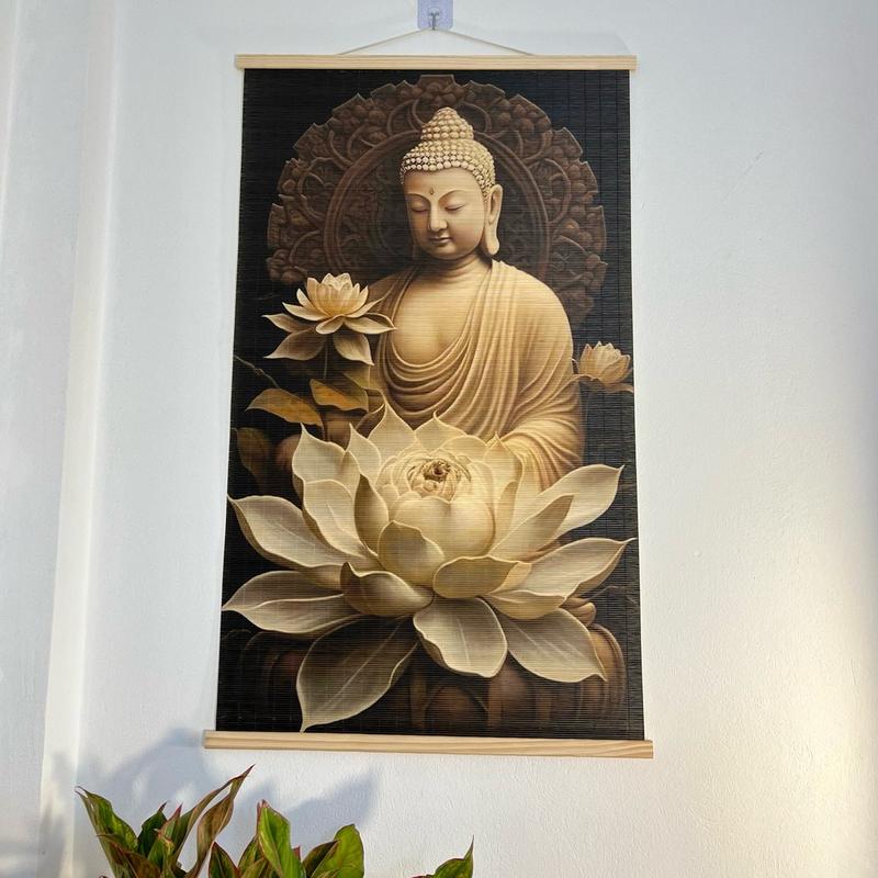  Tranh Mành Trúc Nghệ Thuật - Phật Thích Ca Và Hoa Sen Tĩnh Tâm - Tranh Treo Tường Decor Decor Phòng 